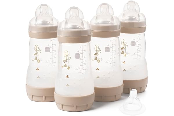 MAM Easy Start Lot de 4 biberons anti-coliques auto-stérilisants MAM à débit moyen Taille 2 + 1 tétine à débit rapide Taille 3 Unisexe