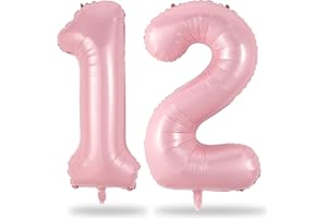 LINGQIANG Light Pink 12th Birthday Balloons for Girls, 40'' Mylar Self Inflating Number 12 Balloon, Big Foil 1 & 2 Helium Pastel Pink Balloon for Women 21st Birthday Party Decoration Anniversary Decor Supplies