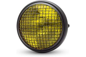 ALCHEMY PARTS Classic Motorcycle Headlight | 7.7 inch 178mm | Matt Black Finish with Scrambler Mesh Grill & Yellow Lens - Upgraded H4 55W Headlamp Bulb Included | Ideal for Retro Café Racer Street Bike