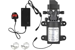 VerRich 24V Water Pumps Diaphragm Pump with Power Supply Adaptor and 2 Adjustable Hose Clamps for Water Tap,Motorhome,Caravan