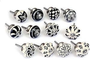 NACNIC Set di 12 pomelli in ceramica bianchi e neri dipinti a mano con diversi disegni. Maniglie artigianali per armadi, cassetti, cassettiere e appendiabiti. Pomelli classici in ceramica diametro 40 mm