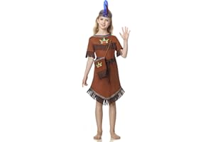 WELLCHY Indianer Kleid mit Indianer Kopfschmuck Feder, Indianer Kostüm Kinder Mädchen, Indianer Kleid Damen mit Taschen, Faschingskostüm Indianer für Karneval Fasching Party Cosplay