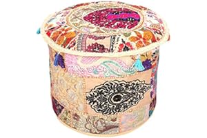 Stylo Culture Indian Ottoman Pouffe Large Cover Beige Ethnic Embroidered Patchwork Cotton Traditional Round Fabric Ottoman Pouf Cover (22x22x13 Inch) 55cm (COVER ONLY)