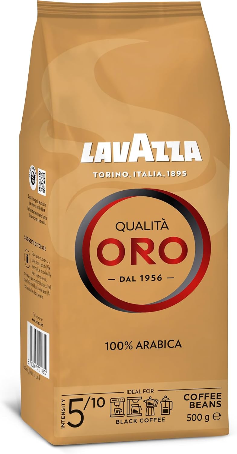 Lavazza, Qualità Oro, Café en Grano Natural, Ideal para la Máquina de Café Espresso, con Notas Aromáticas de Frutas y Flores, 100% Arábica, Intensidad 5, Tueste Medio, Paquete de 500 g