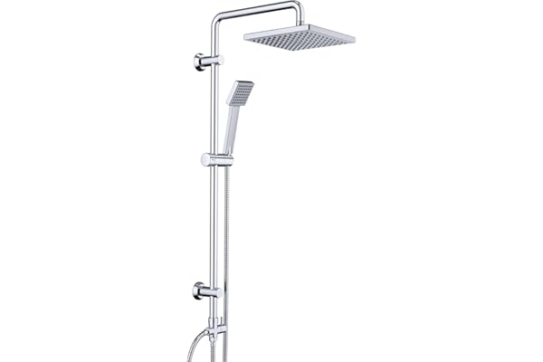 JOHO Colonne de Douche Acier inoxydable avec Douchette Salle de Bain Réglable en Hauteur, Ensemble Douche Pluie Murale sans Robinet, Pommeau Douche ABS 20x20 cm Chromé