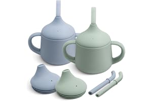 Moonkie Tasse Apprentissage Bebe, Set de 2 Gobelet Silicone 3 Etapes, Tasse Paille Bebe, avec Poignées et Paille, Gobelet Bebe Anti Fuite, sans BPA, 4 oz(Bleu clair/Vert gris)