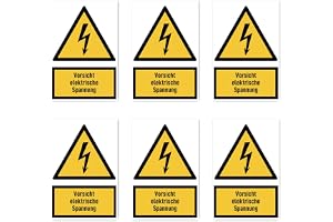 Klistermärke: 75 x 50 mm, 6 st – Varning elektrisk spänning – Varningsskylt med text (gul/svart) – vertikal – W012 – DIN EN ISO 7010 / ASR A1.3