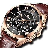 Herren Uhren Lederband Männer Chronograph Sport Wasserdicht Datum Kalender Luxus Mode Römische Ziffern Armbanduhr Geschäfts Beiläufig Analog Quarz Uhr mit Braun Echtes Lederband (Schwarz)