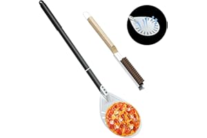 iklestar 83cm Peau à pizza en aluminium de avec brosse de four et grattoir de Pierre, outil perforé Turner poignée longue pour la cuisson maison Pizza, 2PCS accessoires de four à Pizza en plein air