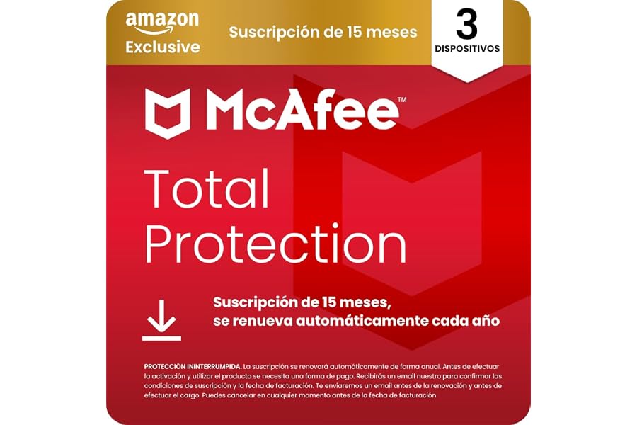 McAfee Total Protection para 3 Dispositivos 2026, 15 meses, Exclusivos de Amazon | Antivirus, VPN, software de seguridad | Su