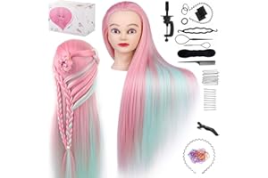 TwoWin Friseurkopf mit Haaren, 28 Zoll (71 cm) 100% Synthetischer Übungskopf, Trainingskopf Friseur Styling & Friseurpraxis mit DIY Haare Frisuren Set (Rosa-Grün)