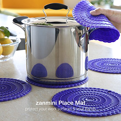 zanmini Salvamanteles Silicona 4 Unidades, Resistente hasta 200°C, Protector de Mesa, Olla y Sartén, Mantel Multiusos, Escurreplatos, Fácil de Colgar, Violeta