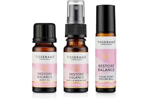 Tisserand Aromatherapy - Restore Balance Discovery Kit - Roller Ball, Body Oil & Mist - Perimenopause, Menopause & Menstruation Support Women - Rose, Clary Sage & Geranium - Natural Essential Oils