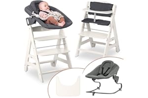 hauck Hochstuhl Beta+ Newborn Set Premium Dark Grey - Babyhochstuhl Set ab Geburt mit Neugeborenen Aufsatz Bouncer, Sitzpolster und Essbrett - Weiß