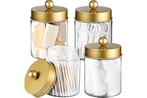 Amolliar Qtip Holder Dispenser - 8 oz Plastic Apothecary Jar Containers for Vanity Makeup Countertop Organizer Storage -Bathroom Canister Accessories Set for Cotton Swab, Ball, Pads, Floss-Gold (6)