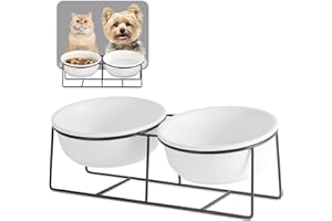 AHX Comedero Gato - Comedero Perro Elevado con Soporte - Comederos y Bebederos para Perros Pequeños y Gatos - Doble Cuenco Gato Ceramica para Agua y Comida - 450ml × 2