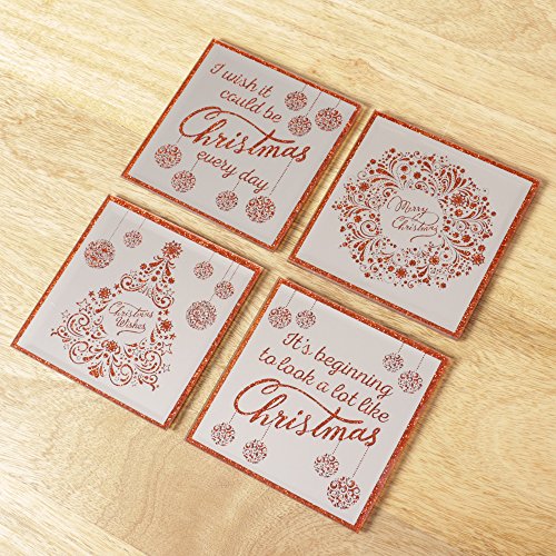 Set of 4 Square Mirror Red Glitter Christmas Coasters. Great for adding an extra touch of sparkle to your dining table or coffee table this Festive season! In four fun designs! Durable for use year after year!