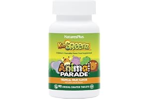 NaturesPlus djurparad KidGreenz - superfood blandning för barn - tropisk fruktsmak - vegan, glutenfri - 90 tuggtabletter