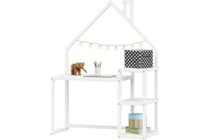 IDIMEX Kinderschreibtisch NIVIA Hausform weiß mit Regal Stauraum gefertigt aus Kiefer Massiv. Stabil langlebig perfekt für Kinderzimmer. Montessori-Möbel ideal für Hausaufgaben oder Bastelarbeiten.