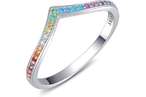 Qings Anillo en Forma de V arcoíris para Mujer Plata de Ley 925 Anillo Apilable Regalo de Joyería