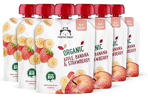 ‎MAMA BEAR Amazon-Marke: Mama Bear Quetschie Bio Apfel, Banane und Erdbeere, vegetarisch, 90g (6er-Pack)