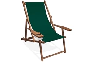 PROMO TRADE Holz-Liegestuhl mit Armlehne und Getränkehalter, Klappbar, mit dunkelbrauner Lasur, Wechselbezug (Tannengrün)