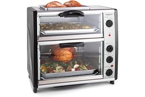 Oneconcept All-You-Can-Eat - Fornetto Elettrico, Forno, Doppia Area di Cottura, Doppio Timer, Griglia BBQ sulla Parte Superiore, 2400 W, 60-240°C, Vol: 42 L, Argento