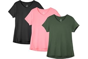 icyzone Women's Workout Running T-Shirt Yoga Fitness V-Neck Short-Sleeve Tops Sports Shirt, 3 Pack