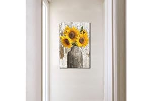 TISHIRON Rustic Yellow Sunflower in Vase Farmhouse Cottage Countryside 18"x12" Canvas Wall Art Prints Framed Picture Photo Painting Home Decor Ready to Hang