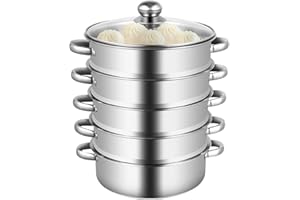 DIFU Steamer Dampfkocher Langlebig Dampf Kochtopf Dampfgarer Suppentopf Edelstahl Dampftopf Dampfkochtopf Mit Glasdeckel für Zuhause Kochgeschirr (26cm 5-Lagen)