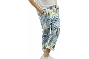 URBAN FASHION Crazy Fashion Women’s Ladies Denim Joggers Star Printed Sweatpants Floral Ribbed Waistband Trousers Ladies Casual Summer Italian Gym Running Pants Plus Size 8-26