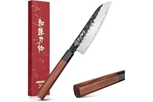 HEZHEN Coltello Santoku Piccolo, Multifunzionale Ultra Affilato Stile Giapponese Coltello Gyuto, Manico Ottagonale in Legno Rosso