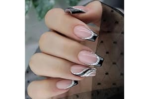 AGASAR 24pcs Short Coffin False Nails French Tip Stick on Nails Black Edge Silver Glitter Swirl Nude Pink Press on Nail Removable Glue on Fake Nail Art Accessories for Women