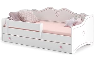KOBI Letto Bambino con Barriera Emma | 160 x 80 cm | Letti per bambini | Letto per bambini e ragazza | con materasso | Letto per bambini con cassetto | Bianco Grigio Rosa