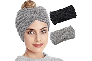 Fashband Fascia invernale in ciniglia spessa per capelli in maglia di ciniglia, fascia elastica nera per capelli a maglia per donne e ragazze (confezione da 2) (nero e grigio)