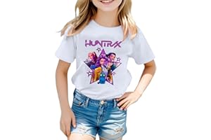 GÉNÉRIQUE T-Shirt à Manches Courtes Fille K-Kpop Demons Hunters Décontracté Tee Shirt Col Rond Imprimé Huntr/X H-Huntrix Mignon Confortable Hauts pour Filles Enfants 1-13 Ans