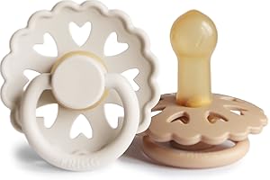 FRIGG Fairytale Lot de 2 sucettes | Sucette en latex | Sans BPA | Fabriqué au Danemark | Tétine Cerise Symétrique | (Cream/Silky Satin, Taille 2 (6-18 Mois))