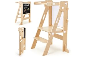 labebe Torre di apprendimento pieghevole per bambini, Montessori Torre con tavola su due lati, 3 in 1 Multifunzionale regolabile in altezza e larghezza Torre di apprendimento da 1 anno (Legno)