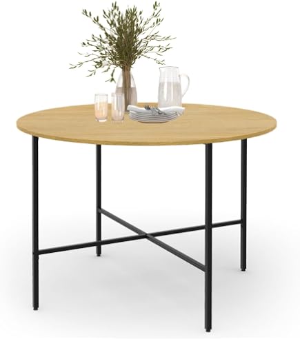 Table à Manger Ronde Yuna 110 Cm Pour 6 Personnes - Plateau Bois Foncé, Pied Métal Noir, Style Industriel Chic - 2