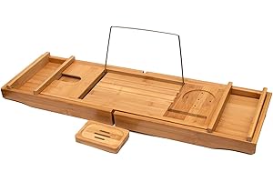 Intirilife Vassoio da bagno estensibile in bambù -73-111 x 23 x 4,5cm- Supporto regolabile - Vassoio per vasca da bagno con portasapone- Supporto per libro, candela, vino, bicchiere, tablet,telefono