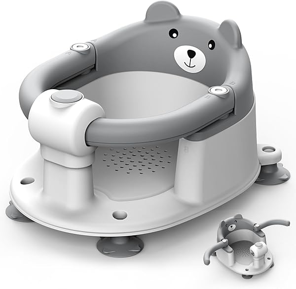 Highbird Silla de Baño para Bebé desde 6 Meses, Antideslizante con 4 Ventosas Fuertes y Cojín Extraíble, Ideal para 6-18 Meses en Ducha o Bañera, Segura, Portátil, Fácil de Limpiar - Gris - 1