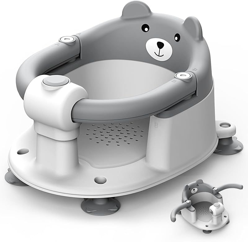 Highbird Silla de Baño para Bebé desde 6 Meses, Antideslizante con 4 Ventosas Fuertes y Cojín Extraíble, Ideal para 6-18 Meses en Ducha o Bañera, Segura, Portátil, Fácil de Limpiar - Gris