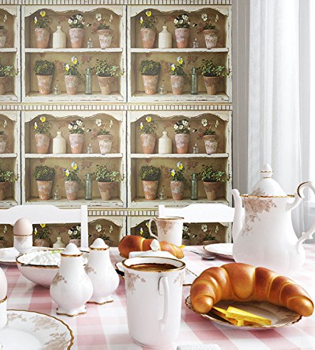 Vliestapete Blumen Landhaus Optik , schönes Regal Design und purer RomAntik Effekt , schöne 3D Optik für Wohnzimmer,Schlafzimmer,Flur oder Küche inkl. Newroom Tapezier Ratgeber mit super Tipps!