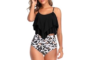 Genfien Maillot de Bain Deux Pièces pour Femme Haut à Volants et Bas Taille Haute Push Up Bikini Taille Haute Vintage Bikini Ensemble
