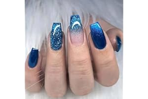 Luvadeyo 24 Pcs Medium Coffin Press on Nails, Blue Gradient Fake Nails, Glitter Artificial False Nails with Double Side Adhesive Tabs for Women & Girls