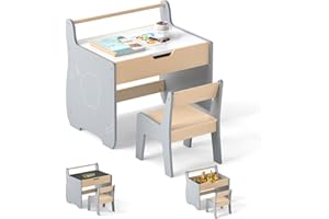 LIFEZEAL Tavolino e Sedia per Bambini 3+Anni, Tavolo con Lavagna Bifacciale, Contenitore Nascosto, Rotolo di Carta, Sedia con Schienale, Tavolino Montessori Multiattivita per Cameretta (grigio)