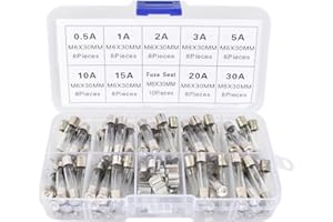 COLEXY 72PCS 9 wartości 6X30mm zestaw bezpieczników szkło szybkie topnienie 250 V 0.5A 1A 2A 3A 5A 10A 15A 20A 30A, z 10 szt. bezpiecznik klip, pakiet w przezroczystym plastikowym pudełku