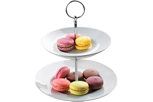 HOME4YOU Etagere mit 2 Etagen und Tragegriff - Weiß - Porzellan - Metall - Ø 21 x H 23 cm - Servierplatte Servierständer Servierset