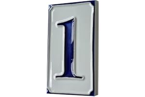 SCONOSCIUTO Piastrelle per numeri civici in ceramica italiana, dipinte a mano, semplici, bianche e blu, con lettere e numeri, 11 x 7 cm (numero 1)