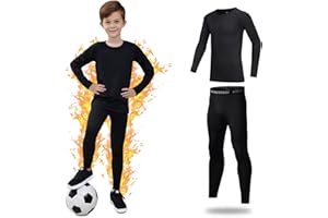 Kelvindra Base Layer Kids - Fleece Lined Skins for Boys Athletic, Warm Football Skins Suit for 4~13 Age, Long Sleeve Top & Bottom Kids Thermal Base Layer Set for Ski Running and Daily Life
